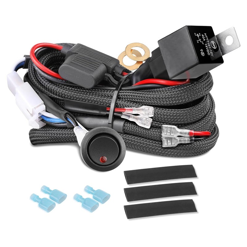 Fastchoy Auto مجموعة أسلاك توصيل 2 رصاص، مجموعة أسلاك شريط LED نايلون 12 فولت للأضواء الضبابية، أضواء LED، شريط ضوء مع 40A ريلاي فيوز ومفتاح روكر، مجموعة أسلاك السيارات للشاحنات UTV ATV - Image 1